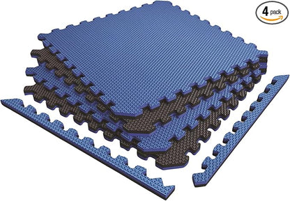 Norsk Reversible Exercise Mats 3/4" Thick EVA Interlocking Foam Tiles, Perfect Home Gym Flooring, 4 Tiles &amp; 8 Trim Pieces, 16 Sq. Ft. 24"x24" Dazzling Blue/Black
