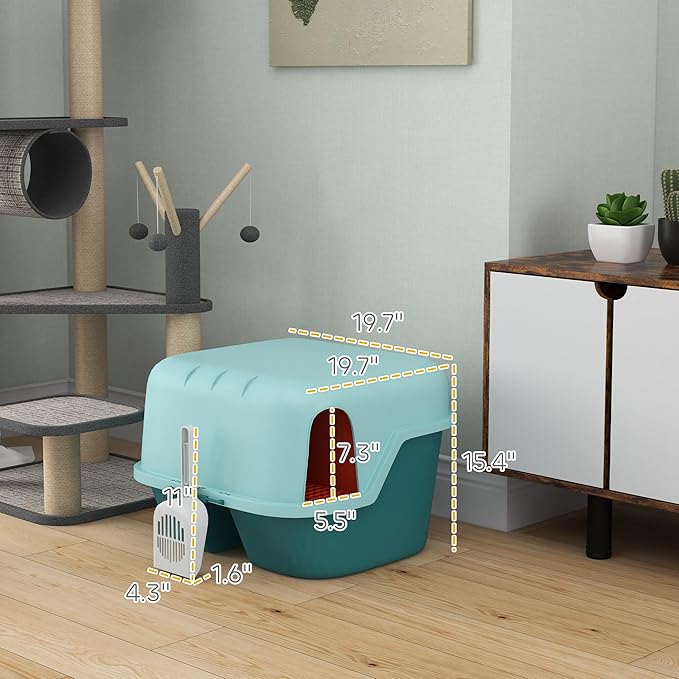 PawHut Cat Litter Box with Lid, Covered Kitty Litter Box Enclosure with Scoop, Openable &amp; Lockable Cover, Easy to Clean, Green