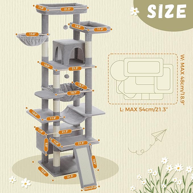 81 Inches Tall Cat Tree for Indoor Cats Large Adult - Heavy Duty Multi-Level Cat Tower with Large Metal Frame Hammock, Scratching Pad, 2 Top Perches, 2 Cozy Condos &amp; 6 Scratching Posts - Gray