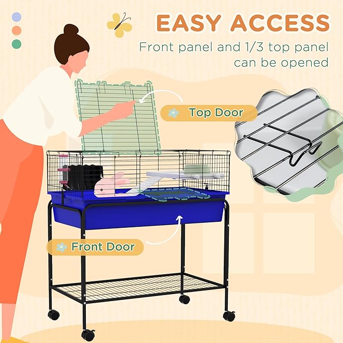 PawHut Two-Story Small Animal Cage Removable from Stand, Guinea Pig Cage with Shelf &amp; Wheels, Pet Habitat for Hedgehog, Chinchilla, Ferret, 33" x 18.5" x 35", Blue