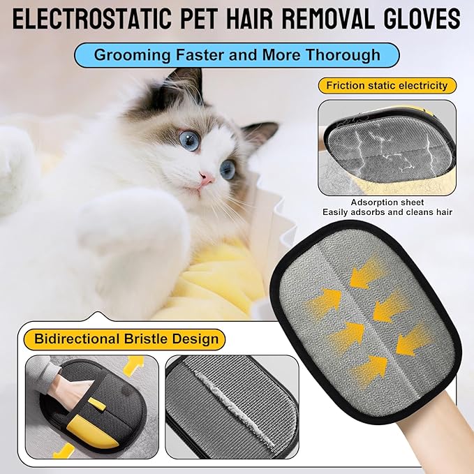 5PCS Pet Hair Removal Glove Set for Cats &amp; Dogs, Newly Electrostatic Pet Hair Gloves, Reusable Cat Dog Grooming Gloves Magic Brush Pet Hair Remover Tool for Furniture Couch Carpet Car Seat Clothes