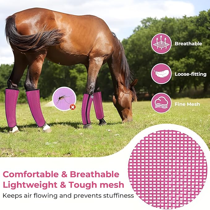 Mesh Horse Fly Boots Set of 4，Adjustable and Universal Loose Fitting &amp; Non-Slip Horse Fly Leggings for Horses,Reduce Stressful Stomping (Pink)