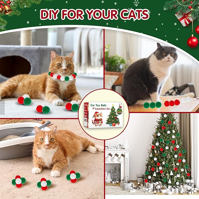 Cat Toy Set (2+60) - Pom Pom Balls &amp; Launchers, Interactive Enrichment Toys