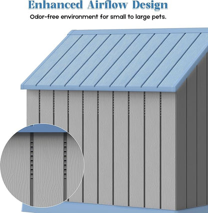Large Dog House Outdoor Indoor for Medium Large Dogs, Durable Plastic Waterproof Doghouse with Air Vents and Elevated Floor, Easy Clean and Assemble (Blue, 36.2&