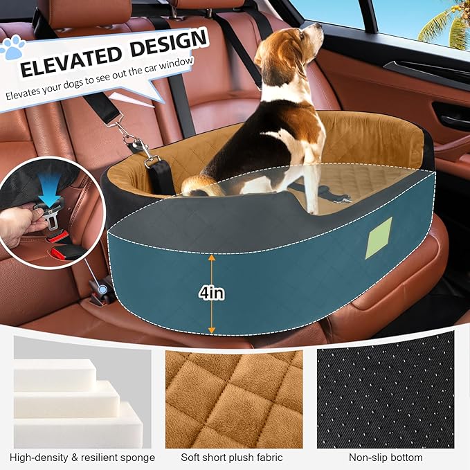 Dog Car Seat for Medium &amp; Large Dogs up to 55 lbs, Elevated Booster Seat with Anti-Slip Base, Detachable &amp; Machine-Washable Pet Car Bed for SUV/Sedan (Black/Brown)