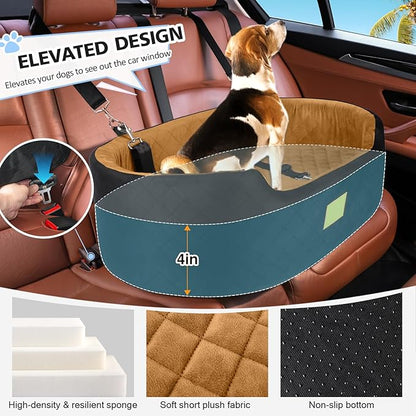 Dog Car Seat for Medium &amp; Large Dogs up to 55 lbs, Elevated Booster Seat with Anti-Slip Base, Detachable &amp; Machine-Washable Pet Car Bed for SUV/Sedan (Black/Brown)
