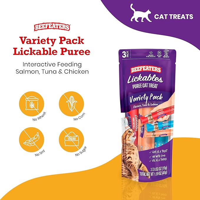 Beefeaters Cat Treats Lickable Puree 1.59oz (12-Pack) – Chicken, Grain-Free, Taurine-Enriched, Ideal for Training &amp; Interactive Feeding