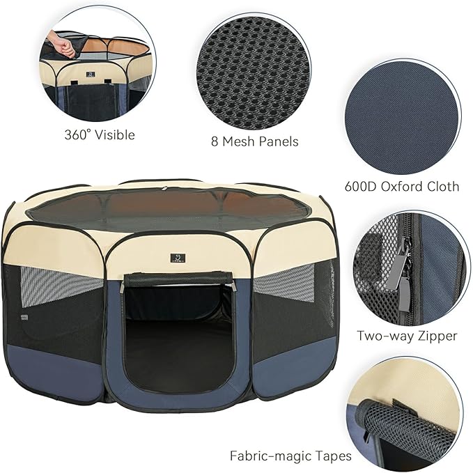 A 4 Pet Portable Dog Playpen, 49” Playpen for Dogs with Bowl, Suitable for Puppies, Kittens, and Small Animals, Removable Zipper &amp; Mesh Panel(19”W × 12”H)