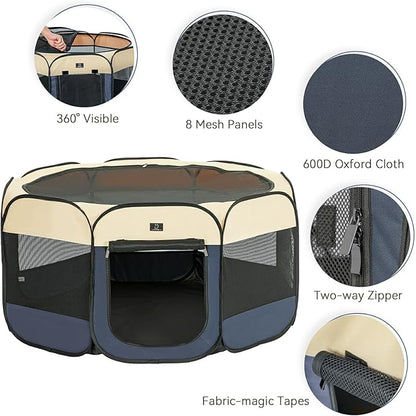 A 4 Pet Portable Dog Playpen, 49” Playpen for Dogs with Bowl, Suitable for Puppies, Kittens, and Small Animals, Removable Zipper &amp; Mesh Panel(19”W × 12”H)