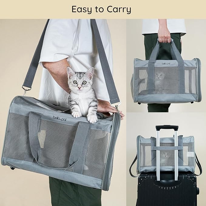 BELLA &amp; PAL Cat Carrier Travel Bag, Airline Approved Lightweight Cat Carrier, Soft Sided Pet Carrier for Puppy Dogs Up to 18lbs, Collapsible Kitten Bag with Removable Waterproof Mat, Ventilated Mesh