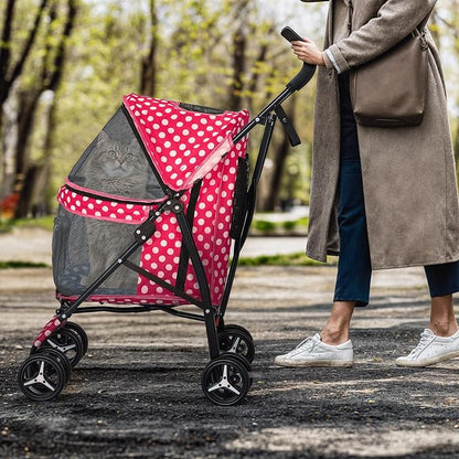 MoNiBloom 4 Wheels Pet Stroller, Easy-Fold Umbrella Shaped Dog Cat Jogger Stroller w/Storage Bag &amp; Visible Mesh for Small/Medium Dogs Cats Hot Pink Polka Dots