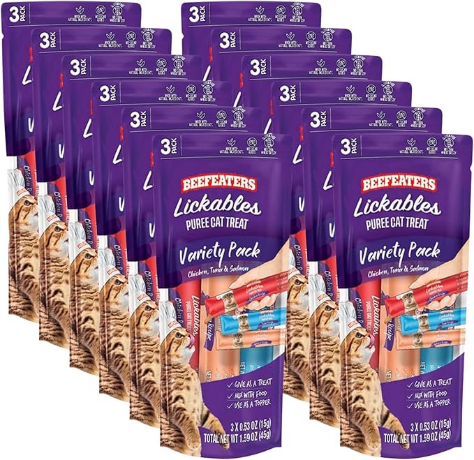 Beefeaters Cat Treats Lickable Puree 1.59oz (12-Pack) – Chicken, Grain-Free, Taurine-Enriched, Ideal for Training &amp; Interactive Feeding