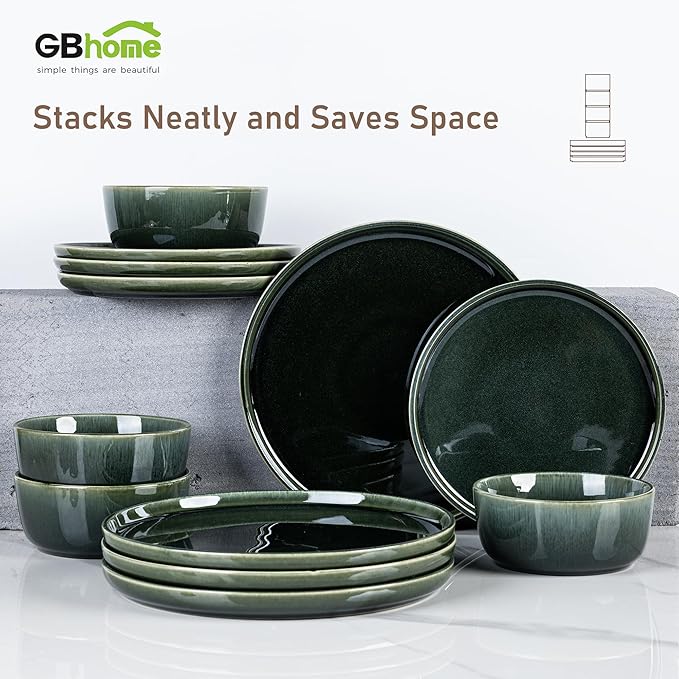 GBHOME Ceramic Dinnerware Sets for 6, 18 Pieces Stoneware Plates and Bowls Sets, Reactive Glaze Dishes -Scratch Resistant, Dishwasher&amp;Microwave Safe, Earth Green