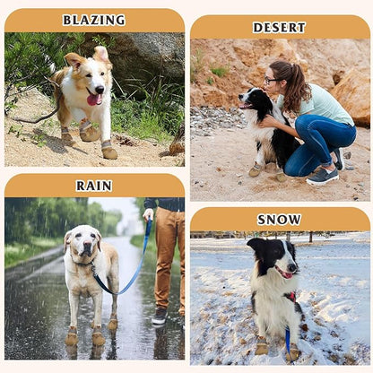 Dog Shoes, FISHOAKY Dog Shoes for Large Dogs, Mesh Breathable Dog Boots &amp; Paw Protectors for Summer Hot Pavement Winter Snowy, 360°Anti Slip 4Pcs Dog Booties with Reflective Khaki (Size 4)
