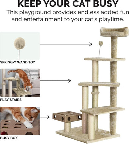 Furhaven 49.5" Tall Cat Tree for Indoor Cats, Ft. Sisal Scratching Posts, Plush Ball Toy, &amp; Busy Box Toy - Tiger Tough Play Stairs Interactive Playground Tower - Cream, One Size