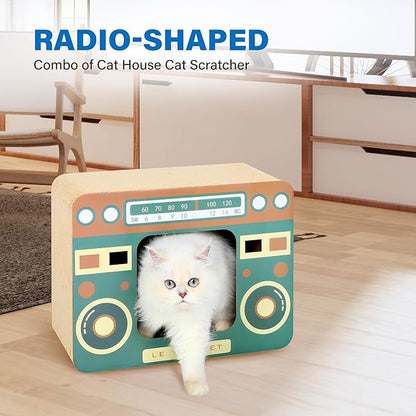 Radio Cat Scratcher Cardboard Lounge Bed - Durable Pads Prevent Furniture Damage - Cat Scratchers &amp; Play House for Indoor Cats - Corrugated Scratcher Box Toy for Cat Birthday