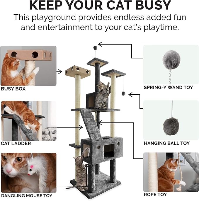 Furhaven 69.3" Tall Cat Tree for Indoor Cats, Ft. Sisal Scratching Posts, 2x Cat Condos, &amp; Toys - Tiger Tough Double Decker Interactive Playground Tower - Silver Gray, One Size