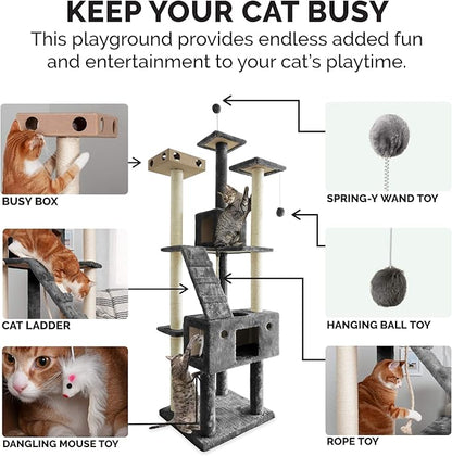 Furhaven 69.3" Tall Cat Tree for Indoor Cats, Ft. Sisal Scratching Posts, 2x Cat Condos, &amp; Toys - Tiger Tough Double Decker Interactive Playground Tower - Silver Gray, One Size