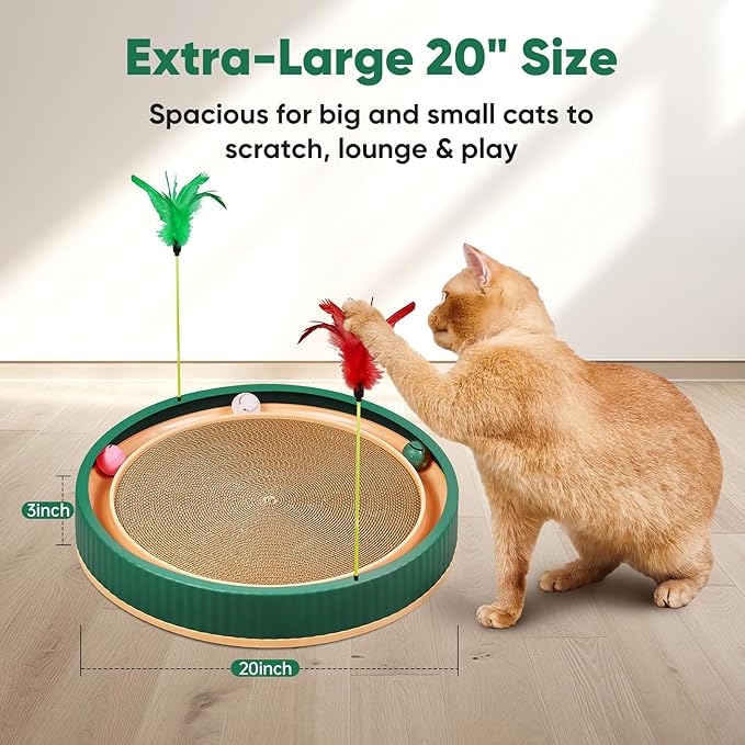 20-Inch Round Cat Scratcher with Ball Track – 3-in-1 Cardboard Scratching Pad with Feather Toy &amp; Non-Slip Base – Interactive Cat Toy for Indoor Cats, Kittens &amp; Large Cats (Green)