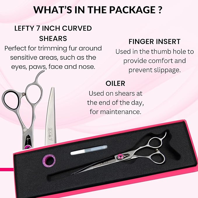Kenchii Love Left Handed Dog Grooming Scissors, 7 Inch Curved Shears, Dog Scissors for Grooming, Professional Pet Grooming Scissors, Ergonomic &amp; Comfortable