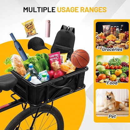 Heavy Duty Rear Bike Basket for Adults, Bicycle Cargo Basket with Removable Liner, Waterproof Cover &amp; Cargo Net, Universal Fit for E-Bike, Mountain Bike, Dog Carrier
