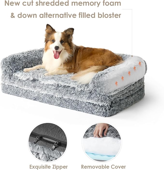EHEYCIGA Human Dog Bed for Kids, Foldable XXL Dog Bed, Faux Fur Fluffy Pet Couch Bed, Orthopedic Calming Memory Foam Big Pet Bed, Washable Pet Sofa Bed with Non-Slip Bottom, Grey, 54"x38"x7.5"