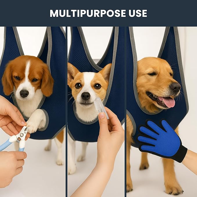 Pet Grooming Hammock Kit for Dogs &amp; Cats - Includes Hammock Harness, Nail Clippers, Nail File, Grooming Glove, Dematting Comb, S-Hooks, Carabiners &amp; Storage Bag for Easy Home Grooming Large (93×56) cm