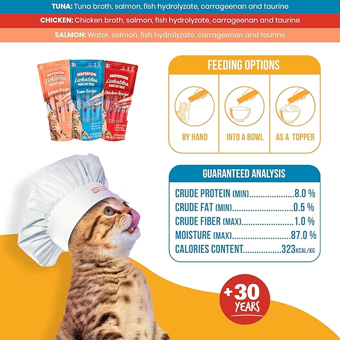 Beefeaters Cat Treats Variety Pack Lickable Puree 48ct – Salmon, Tuna &amp; Chicken, Grain-Free, Taurine-Enriched, Ideal for Training &amp; Interactive Feeding