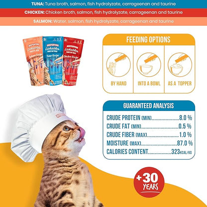 Beefeaters Cat Treats Variety Pack Lickable Puree 48ct – Salmon, Tuna &amp; Chicken, Grain-Free, Taurine-Enriched, Ideal for Training &amp; Interactive Feeding