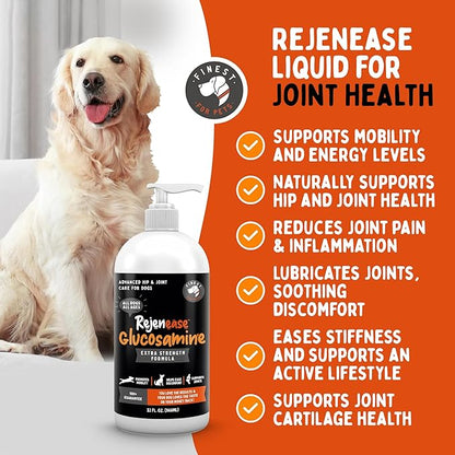 Rejenease Liquid Glucosamine for Dogs with Chondroitin, MSM &amp; Hyaluronic Acid – Finest For Pets Hip &amp; Joint Supplement for Dog Joint Support, Mobility, Stiffness &amp; Pain Relief (32 oz, Made in USA)