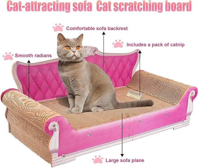 Scratching Sofa, Couch Shaped Thick Scratching Cardboard, Lounge Bed for Indoor Rest&amp;Play, Sofa Scratcher Pad (Pink, 27.6" L X 12.4" W X 11.8" H)