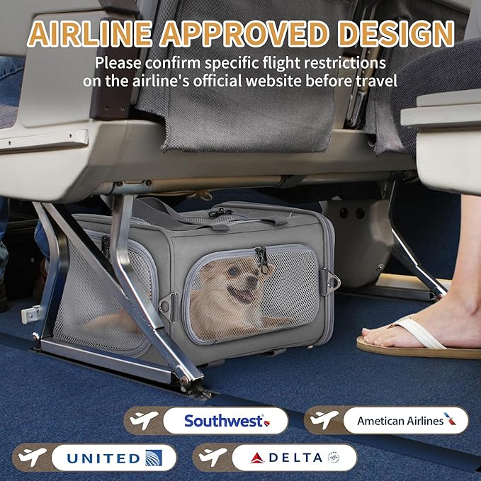 ‌Petsfit Airline Approved Pet Carrier for Small Dogs &amp; Cats, 19x9x12 TSA Approved Carrier, with Removable Dual-Sided Padding (2-Way Placement) - Fits Under Most Airplane Seats, Escape Proof (Gray)