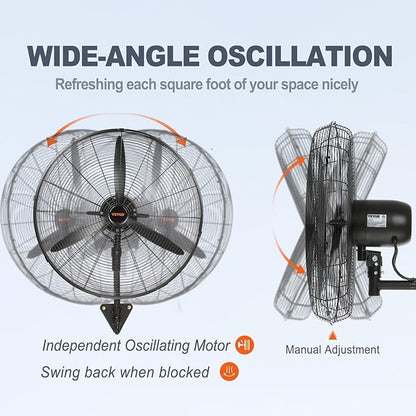 VEVOR 24 Inch 3-Speed 7000 CFM Black Waterproof Wall Mount Oscillating Fan