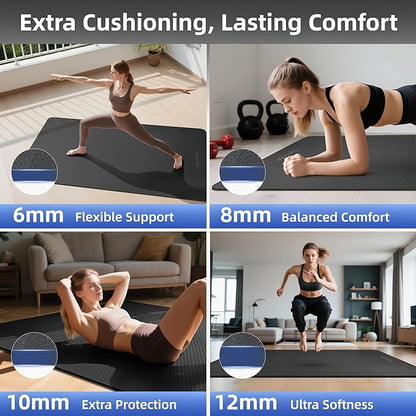 Extra Large Yoga Mat - 72"x35", 72"x48", 78"x57" - Wide TPE Exercise Mat for Home, Stretching, Couples &amp; Family Workouts - 6-12mm Thick, Non-Slip &amp; Waterproof - with Carry Bag and Straps