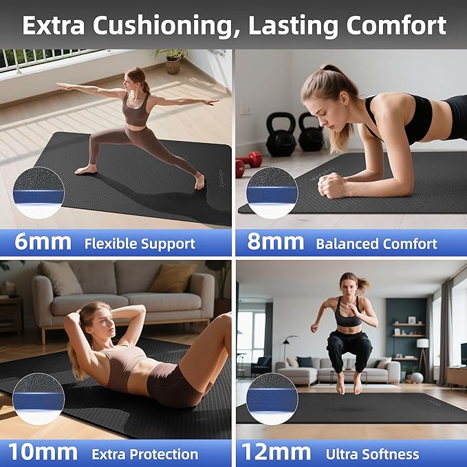 Extra Large Yoga Mat - 72"x35", 72"x48", 78"x57" - Wide TPE Exercise Mat for Home, Stretching, Couples &amp; Family Workouts - 6-12mm Thick, Non-Slip &amp; Waterproof - with Carry Bag and Straps