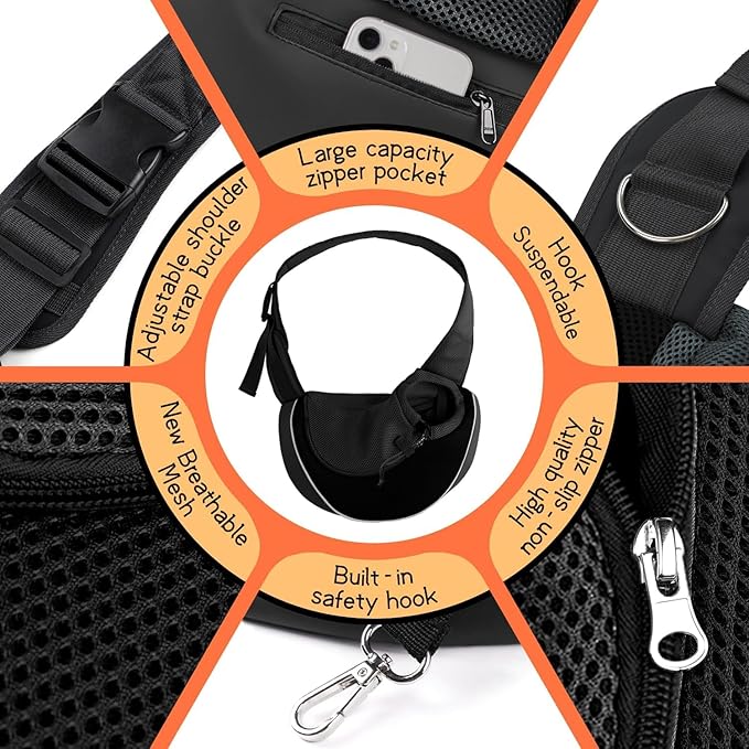 YUDODO Pet Sling Carrier for Small Dogs &amp; Cats – Hands-Free Puppy Carrier with Safety Hook, Large Zipper Pocket, Soft Breathable Mesh, Adjustable Strap &amp; Reflective Strip (Black 2.0 M)