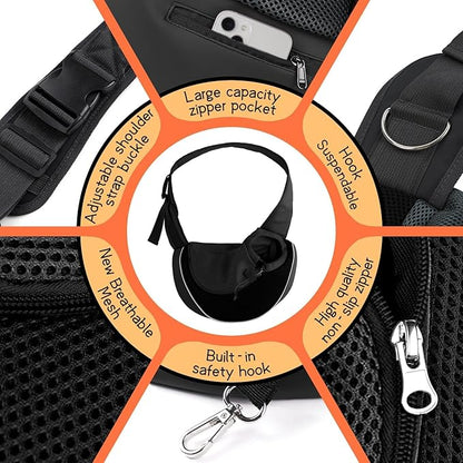 YUDODO Pet Sling Carrier for Small Dogs &amp; Cats – Hands-Free Puppy Carrier with Safety Hook, Large Zipper Pocket, Soft Breathable Mesh, Adjustable Strap &amp; Reflective Strip (Black 2.0 L)