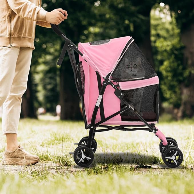 Magshion Compact Pet Stroller for Small-Medium Dogs/Cats up to 22lbs, 4-Wheel Lightweight Umbrella Shaped Portable Puppy Travel Jogger with Breathable Mesh &amp; Rear Storage, Pink