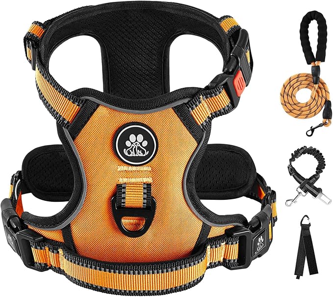 IVY&amp;LANE No Pull Dog Harness for Large Dogs, Dog Vest Harness with Leash, Safety Belt and Storage Strap, Fully Adjustable Harness, 360° Reflective Strip, Soft Handle (Orange, L)