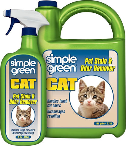 Simple Green Cat Stain &amp; Odor Remover - Enzyme Cleaner for Cat Urine, Feces, Blood, Vomit (32 oz Sprayer &amp; 1 gallon Refill)