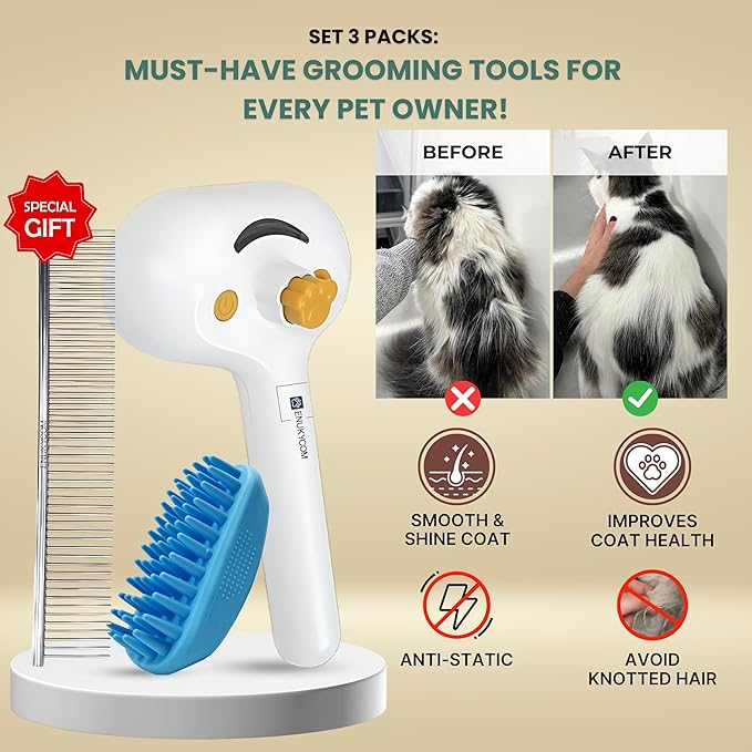Self Cleaning Steam Brush for Cat Dog, 4 in 1 Pet Brushes for Shedding &amp; Grooming, Bath Massage &amp; Water/Mist Slicker Brush for Long Haired Cats &amp; Dogs- Pet Grooming Brushes with Spray for Cats