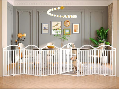 BHG Metal No-Assembly Freestanding Dog Gate with Door Walk Through, Extra Wide 144", Extra Tall 32" Pet Gate, Accordion Puppy Folding Playpen Dog Fence for Indoor &amp; Outdoor, with 2PCS Support - White