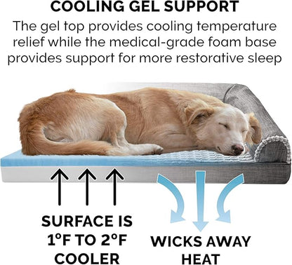 Furhaven Cooling Gel Dog Bed for Large/Medium Dogs w/ Removable Bolsters &amp; Washable Cover, For Dogs Up to 55 lbs - Luxe Faux Fur &amp; Performance Linen Sofa - Charcoal, Large