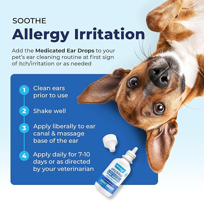 Vetnique Oticbliss Medicated Cat &amp; Dog Ear Cleaner Drops - Dog Ear Infection Treatment with 1% Hydrocortisone to Soothe Itching, Redness, &amp; Swelling - Vet Recommended