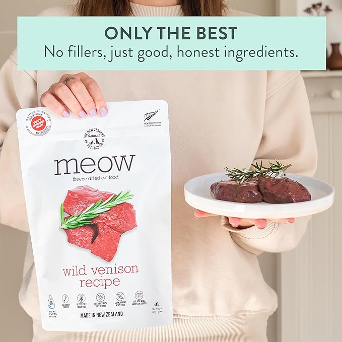 Meow Freeze Dried Cat Food - Wild Venison Recipe, High Protein Treats, Meals &amp; Toppers, Dry Cat Food, 9.9 oz