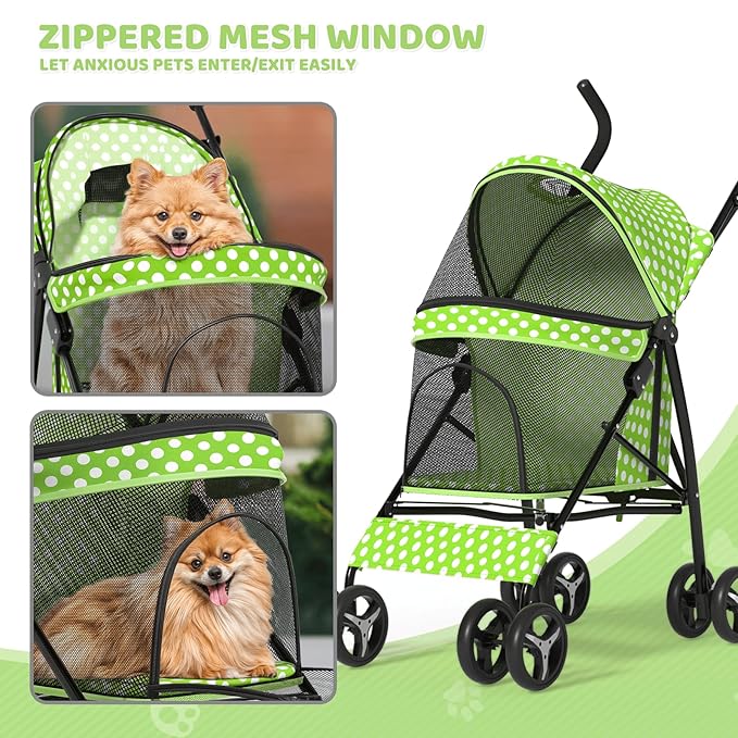 Magshion Compact Pet Stroller for Small-Medium Dogs/Cats up to 22lbs, 4-Wheel Lightweight Umbrella Shaped Portable Puppy Travel Jogger with Breathable Mesh &amp; Rear Storage, Lawn Green Polka Dots