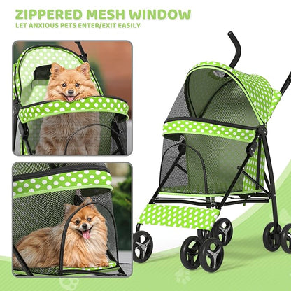 Magshion Compact Pet Stroller for Small-Medium Dogs/Cats up to 22lbs, 4-Wheel Lightweight Umbrella Shaped Portable Puppy Travel Jogger with Breathable Mesh &amp; Rear Storage, Lawn Green Polka Dots
