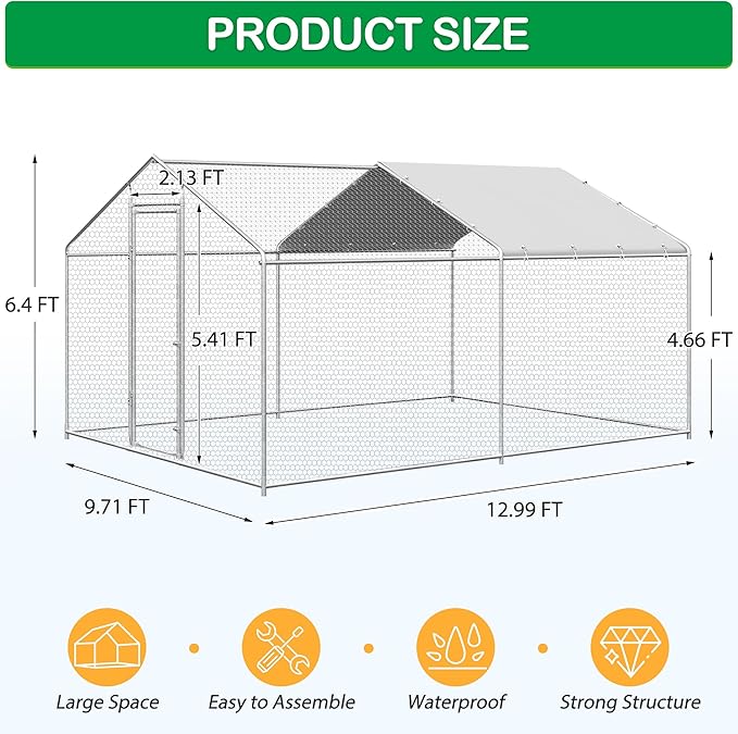 Large Metal Chicken Coop, Walk-in Chicken Run Pen with Waterproof Cover, Spire Roof Poultry Cage Run for Outdoors, Backyard, Farm(9.7&