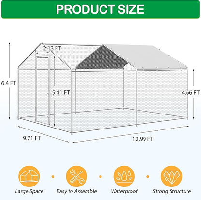 Large Metal Chicken Coop, Walk-in Chicken Run Pen with Waterproof Cover, Spire Roof Poultry Cage Run for Outdoors, Backyard, Farm(9.7&