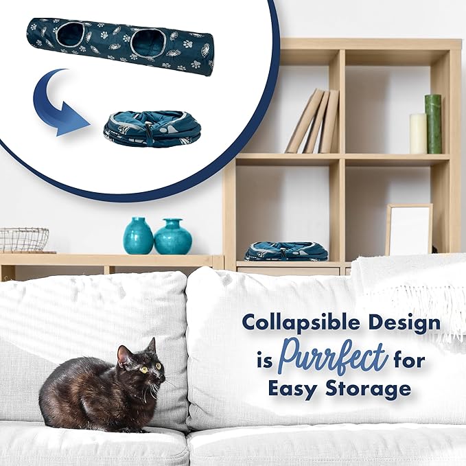 NFL Philadelphia Eagles Cat Tunnel Tube Toy with Plush Football Catnip and Feathers Collapsible Tunnel for Cats to Play, Peek and Hide, Sporty &amp; Fun Cat Tunnel Toy with Team Logo All-Over Design!